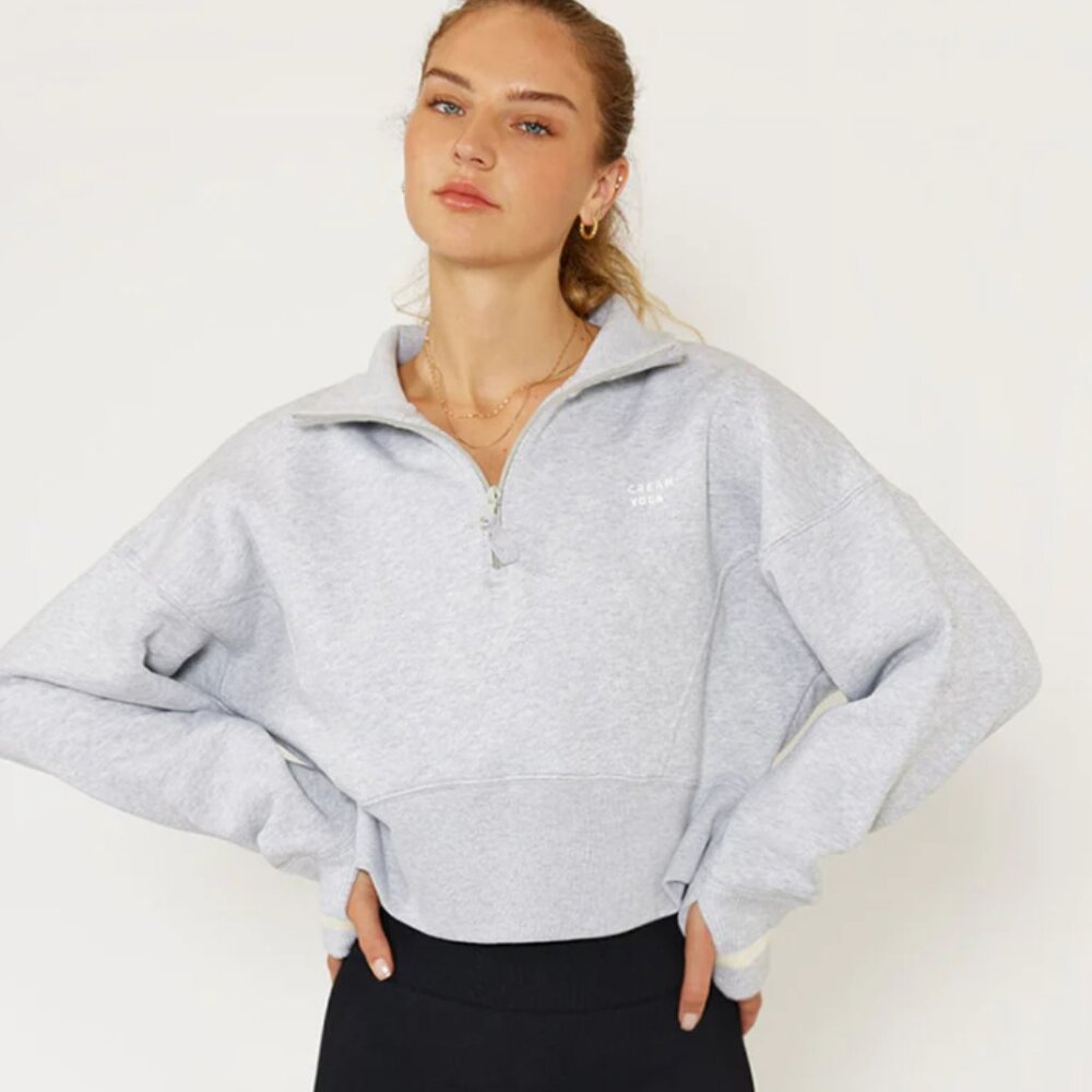 NEW Cream Yoga Cropped Quarter Zip Cropped Sweatshirt